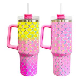 Multi Colors USA Warehouse Wholesale <b>40oz</b> Holographic Mermaid Scales Stainless Steel <b>Tumbler</b> <b>with</b> <b>Handle</b> and Straw - Product Image 5