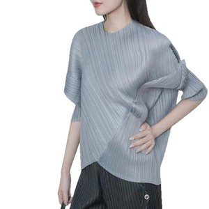 Chemisier décontracté pour <span class=keywords><strong>femme</strong></span>, style Miyake, col rond, manches mi-longues, plissé vintage irrégulier, mode printemps-été, polyvalent - Product Image 5