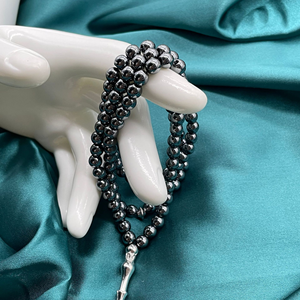 Tasbih en hématite noire, 99 perles, pierre naturelle, chapelet avec pompon, perles de prière islamiques musulmanes pour le culte - Product Image 6
