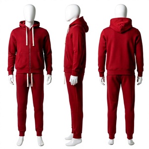 <b>Mens</b> Deep Red Heavyweight Full-Zip Tracksuit Set With Contrast Drawstring Hoodie And <b>Cuffed</b> <b>Joggers</b> Casual Streetwear OEM ODM - Product Image 1