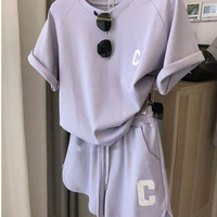 Set 2 Potong Piyama Pendek Wanita Musim Panas, Kaos Lengan Pendek Longgar, Celana Pendek Kasual Bermotif Huruf, Bahan Poliester, Ukuran Besar