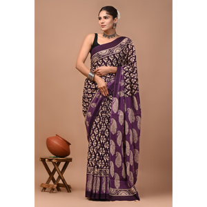Sari de Algodón Mulmul Estampado con Blusa a Juego, Sari de Algodón Mulmul Ligero y Elegante - Cómodo para Uso Diario - Product Image 2