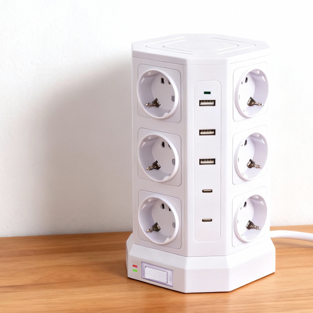 Home Office Industrial Multi Plug European Standard Vertical Power Strip Tower Extension Socket ABS Surge Protector 3 Socket