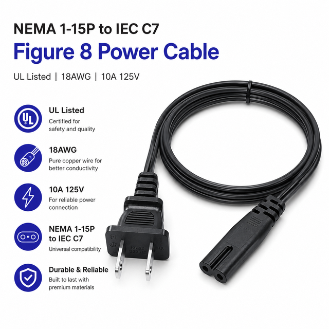 UL Listed 18AWG 10A 125V 2 Prong US NEMA 1-15P to IEC C7 AC Power Extension Cord Heavy Duty Figure 8 Power Cable