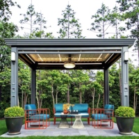 Pergola en aluminium robuste avec éclairage LED et toit à lames, gazebo résistant aux intempéries pour jardin, piscine et terrasse de villa