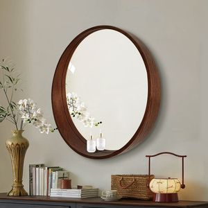 Vintage-style <strong>Round</strong> Bathroom <strong>Mirror</strong> with Solid <strong>Wood</strong> Frame and Storage Shelf, Desktop Retro Vanity Makeup <strong>Mirror</strong> - Product Image 3