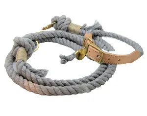 Laisse pour chien 100 coton, corde assortie, sac de friandises, collier, harnais toutes couleurs, poignées en cuir véritable, longueur personnalisée, gris, haute qualité