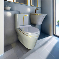 WC monobloc en céramique gris et or moderne à double chasse pour hôtels, avec siphon en S, fixation au sol et abattant à fermeture lente