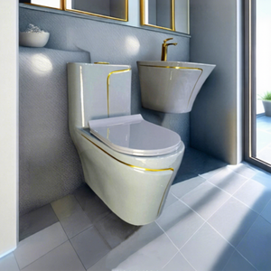 Ensemble <span class=keywords><strong>WC</strong></span> monobloc moderne gris avec ligne dorée, cuvette de toilette en céramique, suite sanitaire en céramique pour salle de bain - Product Image 1