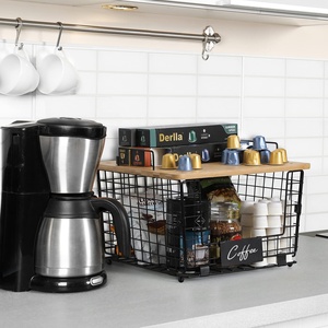 Panier de rangement pour comptoir de cuisine, organisateur de placard, panier empilable avec plateau en bambou - Product Image 3