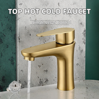 Robinet de lavabo de salle de bain de luxe en acier inoxydable 304 doré brossé, à poignée unique, à montage sur comptoir, mitigeur chaud/froid pour usage hôtelier