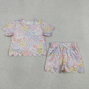 Vêtements en gros pour enfants, tenues pour bébés filles, ensemble short à manches courtes violet à fleurs festonnées - Product Image 2