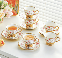 Tasse à fleurs en céramique créative avec tasse à thé, tasse à eau, cadre doré de luxe, ensemble tasse à café et plateau à thé