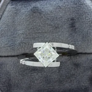 1,88 Ct D princesa blanca Moissanite anillo tensión conjunto princesa corte Moissanite solitario boda y anillo de compromiso - Product Image 5