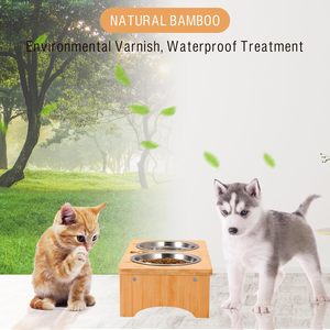 Bambu Pet <span class=keywords><strong>Stand</strong></span> com antiderrapante <span class=keywords><strong>Dog</strong></span> <span class=keywords><strong>Bowl</strong></span> Aço Inoxidável Material impermeável Design Eco-Friendly madeira portátil - Product Image 5