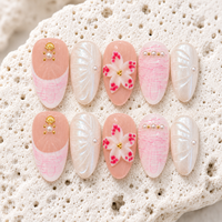 Kuku Palsu Premium Pink Pearl 3D Flower Shell French Short Almond Reusable Handmade Press on Nails Custom Logo Grosir