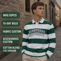 Rugby personnalisé respirant en coton rayé vert et blanc 240 GSM pour col universitaire, lettres brodées, manches longues, style preppy pour homme