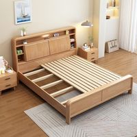 Lit en bois massif moderne et minimaliste avec tête de lit de rangement et tiroirs latéraux, cadre de lit en bois de style nordique avec vérin à gaz pour chambre à coucher