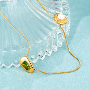 Emerald Pearl Necklace Simple Design Snake <b>Chain</b> Korean Style 14k Stainless Steel Necklace Wholesale - Product Image 4