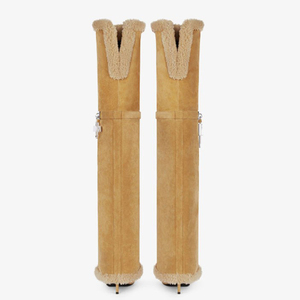 Women Winter Western Metal Shark Lock Over-the-Knee Suede Fur Fold-Over Pointed Toe Long Pants Booties Stilettos High Heels - Product Image 3