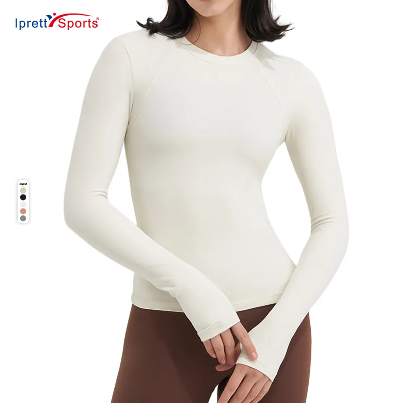 Chemises de Yoga à manches longues d'entraînement à col rond classique avec trous pour les pouces sport course respirant athlétique Slim Fit hauts pour les femmes