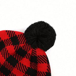 Hot Selling Winter Protection Warm Knitted Hat, 100% Acrylic Kids Pompom Beanie, Woven <b>Patch</b> Black and Red Plaid Beanie Hat - Product Image 4