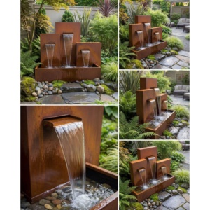 Fontaine de jardin extérieure en acier corten à trois niveaux en cascade, hauteur 150 cm, patine rouille - Product Image 3