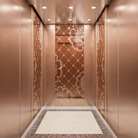 Ascenseur de villa de luxe en or rose gravé de motifs floraux, cabine métallique cuivrée, portes à treillis diamanté, plafond LED, 3 personnes