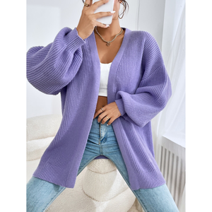 Winter Casual Ribbed <b>Cropped</b> Knit Acrylic <b>Cardigan</b> <b>Women's</b> Black Long Sleeve Sweater Coat - Product Image 4