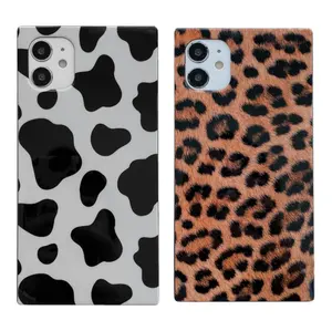High Quality Glossy Finish IMD Soft TPU Leopard Square Phone Case Cover for Apple iPhone 14 15 Pro Max