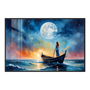 Décoration murale moderne abstraite en cristal, peinture murale représentant une jeune fille de l'océan au clair de lune et un bateau de pêche, avec cadre, tailles personnalisées disponibles - Product Image 5