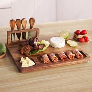 Ensemble de planches à découper en bambou artisanal thaïlandais avec support à couteaux, plateau à steak, plateau à fromage, plateau de service en bois pour la cuisine - Product Image 1