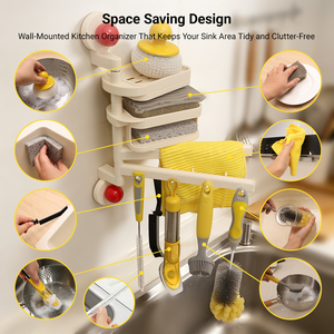 Estante organizador de cocina para <span class=keywords><strong>fregadero</strong></span>, montado en pared, sin taladro, amarillo crema, de ABS y PVC, con ventosa, soporte para esponjas - Product Image 2