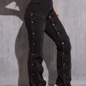 Nouveau design, jean large pour femme de haute qualité, style streetwear hip-hop, délavé à l'acide, avec patchs, taille haute, coupe baggy - Product Image 5