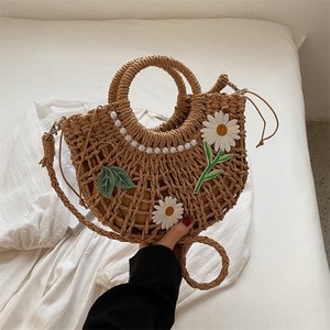 2025 Women's Braided Straw <b>Bag</b> <b>Large</b> Capacity Cotton Handheld <b>Beach</b> Half-Round Crossbody Single Shoulder Fashionable Summer - Product Image 1