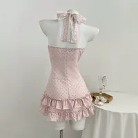 Robe de soirée rose à pois pour femme, col en V, taille nouée, coupe ajustée, sans manches, style doux, ODM