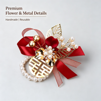 Corsage Pergelangan Tangan Buatan dari Mutiara Logam Merah, Hiasan Tangan Berhiaskan Rhinestone dengan Motif Kebahagiaan Ganda Cina untuk Pengiring Pengantin dan Pengantin Wanita.