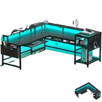 Bureau de jeu PC moderne en bois avec éclairage LED, grand bureau en bois en forme de L avec étagères de rangement pour salle de jeux