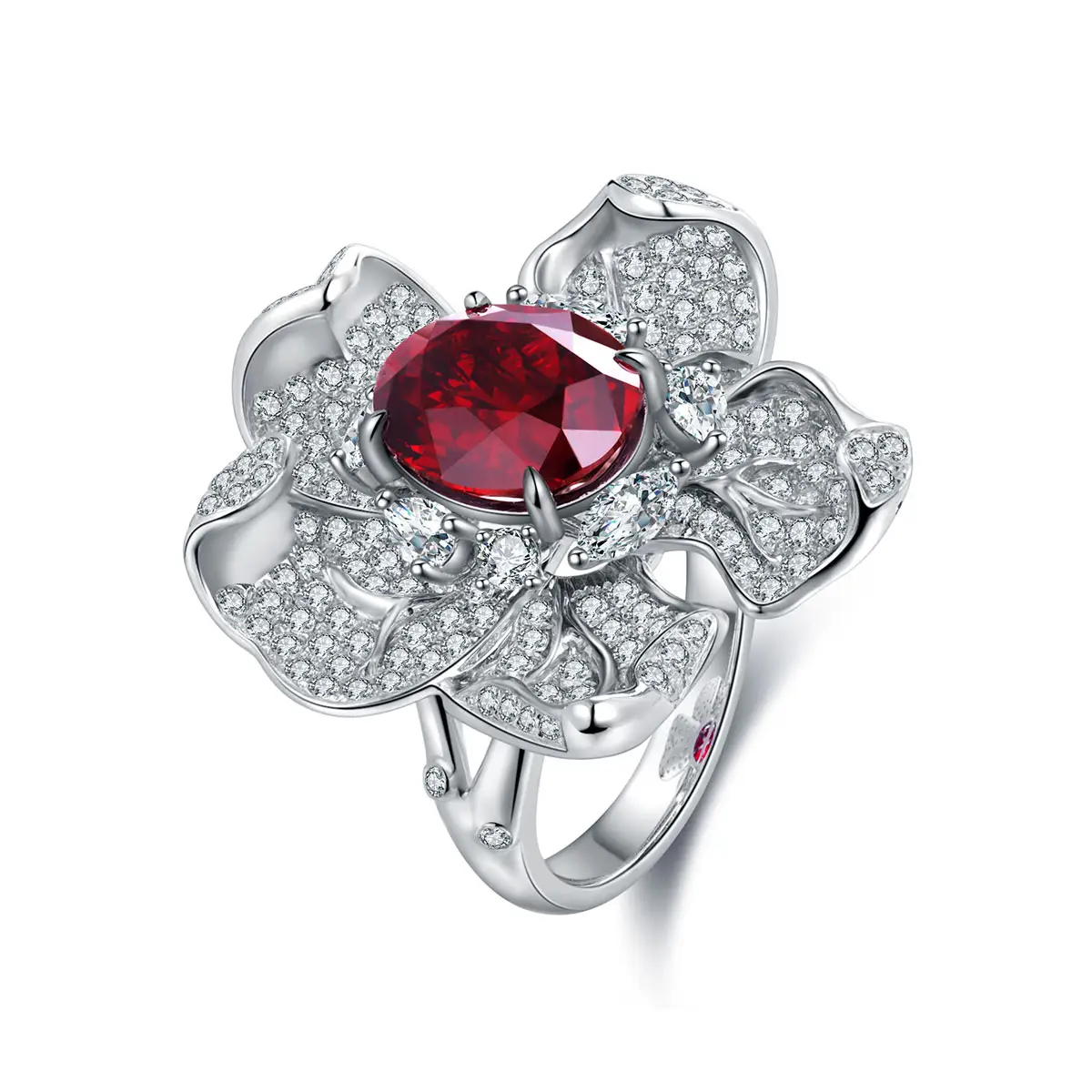 Puro de forma Oval 9k, 10k, 14k 18k laboratorio creado ruby flor anillos para las mujeres al por mayor anillo de moda de joyería de estilo