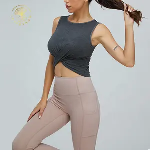 Grosir baju olahraga bambu polos baju Fitness Gym pakaian Yoga kosong tanpa lengan rompi latihan Tank top Crop untuk wanita