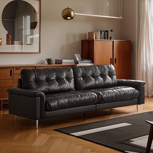 Retro Black Genuine Leather Nebula Sofa, Mid-century Designer 3-seater Down-filled Straight Couch for Small Living Room - Product Image 2