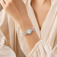 Montre-bracelet vintage rose avec perles et strass pour femme, montre à quartz, cadran carré, montre de mode pour femme