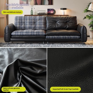 Mid-century leather hamburger <b>sofa</b>, reversible straight couch with fabric & leather cushions, multifunctional for <b>small</b> spaces - Product Image 4