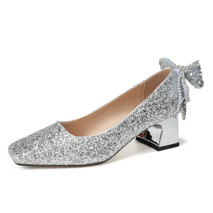 Mary Jane Pumps Glitter Bow Block <b>Heel</b> High <b>Heel</b> <b>Closed</b> <b>Toe</b> Slip-On Wedding Bridal Shoes 5688E-177 - Product Image 4
