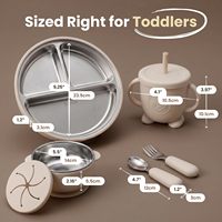 Ensemble repas enfant 7 pièces en acier inoxydable et silicone : assiette compartimentée, bol, tasse d'apprentissage, bavoir, fourchette, cuillère – Sans BPA