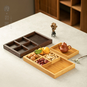 Juego de bandeja de bambú para té y aperitivos, 6 piezas, rectangular dividido, multifuncional, para almacenamiento de frutas, dulces, uso doméstico - Product Image 1