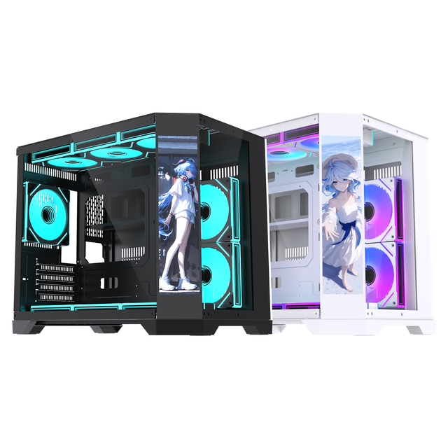 Lovingcool Gaming PC Case ITX M-ATX Mid Tower Gamer Cabinet Custom Gaming Transparent Computer Case Towers with LCD Screen