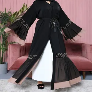 Wholesale Custom Dubai Arabic Beading Designs Elegant Black Abaya Women Muslim Long Dress Islamic Clothing Caftan Open Abaya