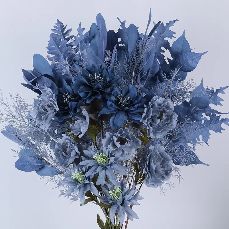 Série azul personalizável de flores artificiais para decoração de casamento, flores artificiais peônia rosa azul claro