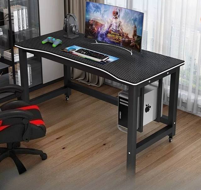 Premium Black Rolling Gaming Desk with USB Charging, Detachable CPU Holder & Ergonomic Desktop for Gamers